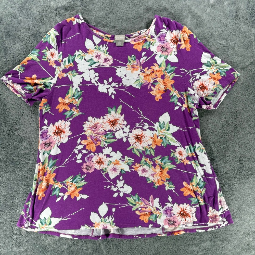 Chico's Floral Top Women Size 2 L Purple Lace Up Back Short Sleeve Scoop Neck